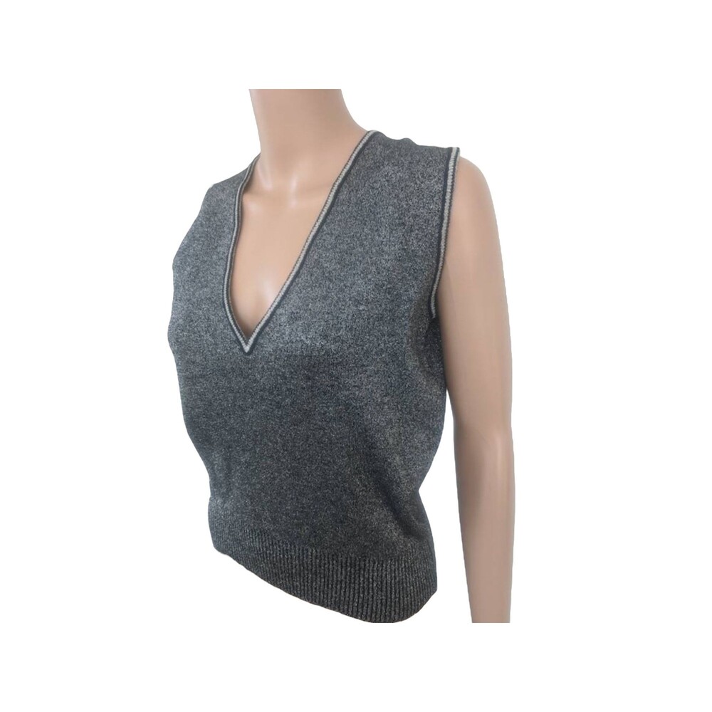 70s Black Metallic Silver Sweater Lurex Sleeveless M